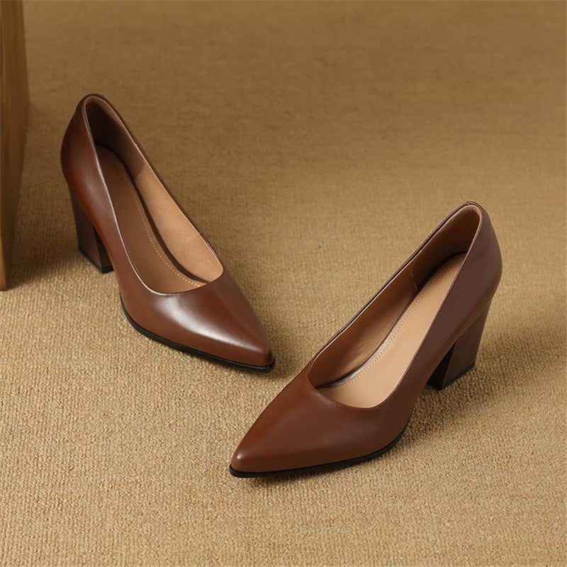 Pointed Toe Block Heel Slip On Leather Look Pumps