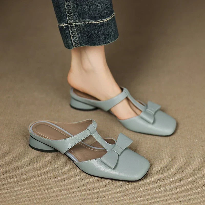 Square Toe Bow T-Strap Flat Mules