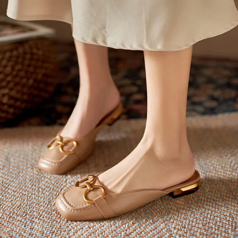 Metal Ring Square Toe Slip On Flats