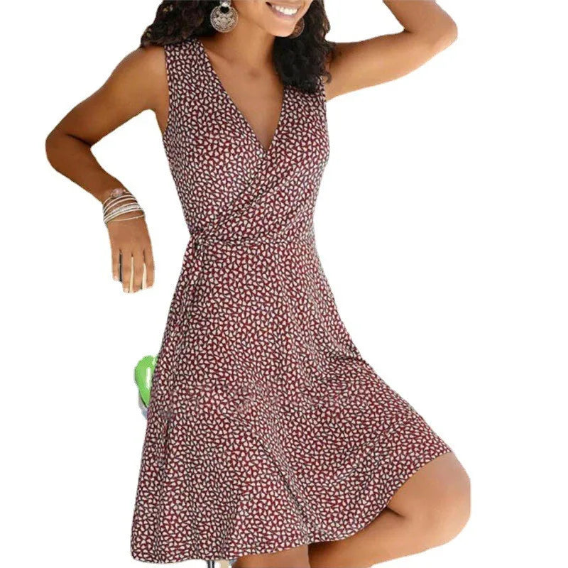Geometric Print Surplice V-Neck Sleeveless Fit and Flare Mini Dress