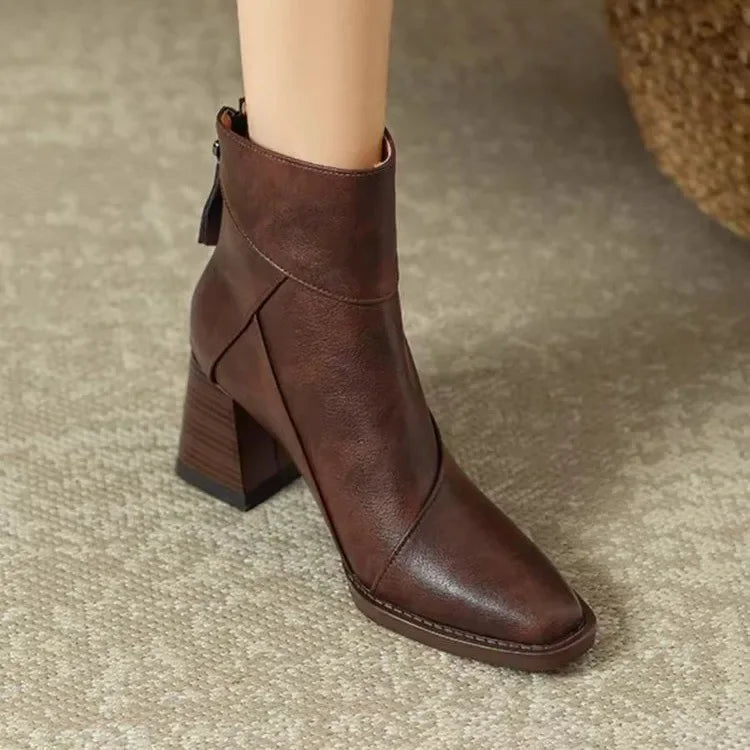 Faux Leather Pointed Toe Chunky Block Heel Ankle Boots