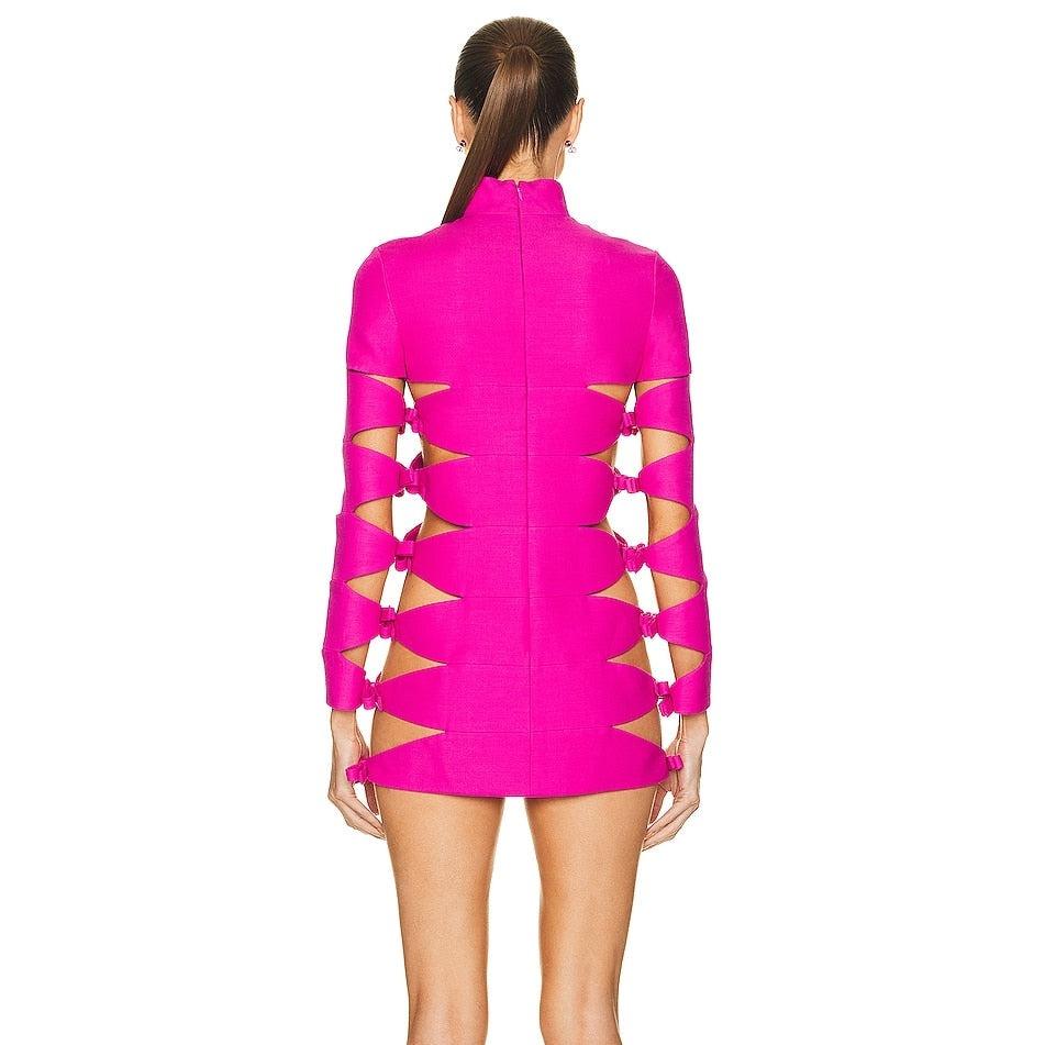 Long Sleeve Turtleneck Side Cut Out Bow Detail Bodycon Mini Dress