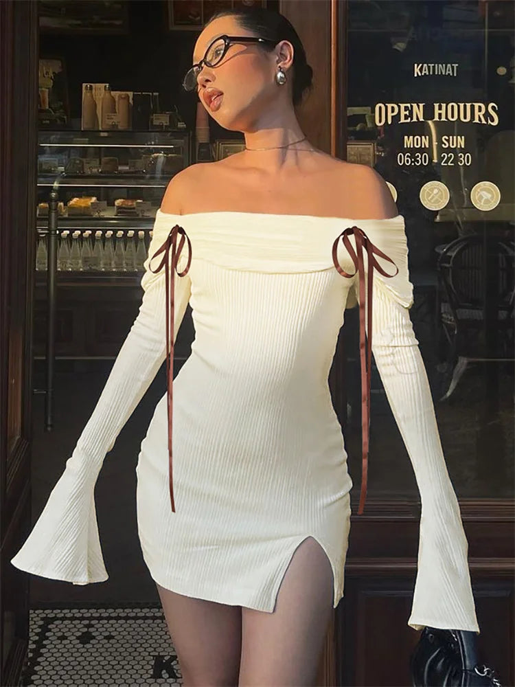 Knit Off Shoulder Long Sleeve High Split Bodycon Mini Dress