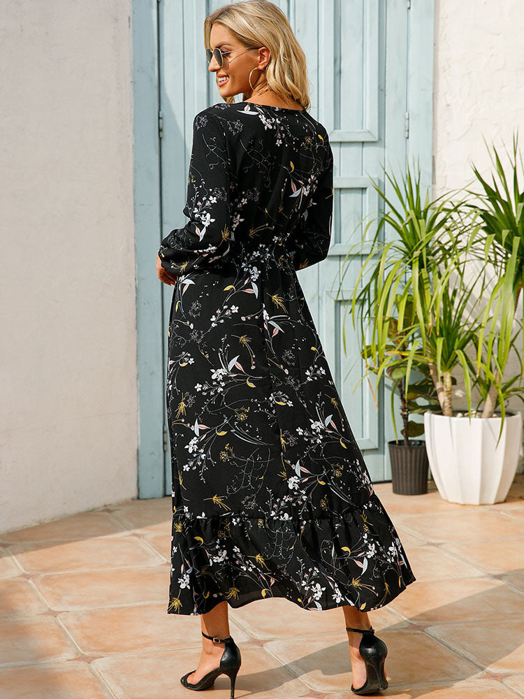 Floral Print Round Neck Long Sleeve Elastic Waist Ruffle Hem Maxi Dress 8