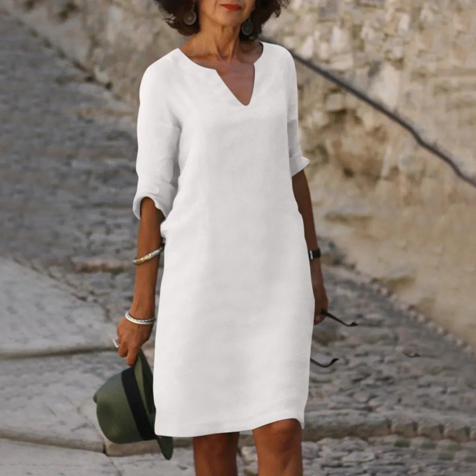V-Neck Three Quarter Sleeve Relaxed Shift Knee Length Summer Dress