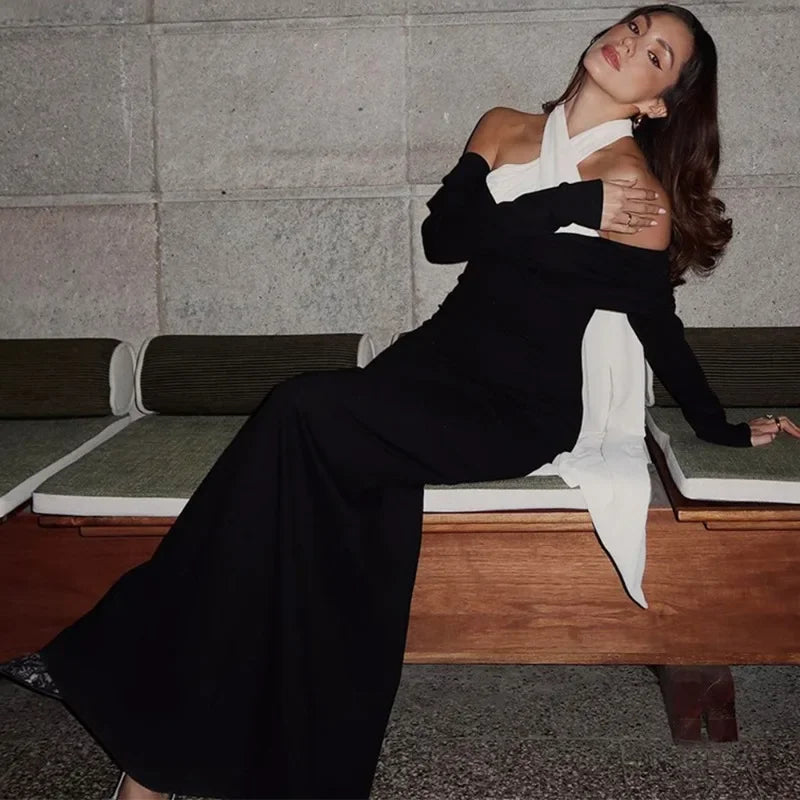 Off Shoulder Halter Cross Neck Long Sleeve Mermaid Maxi Dress