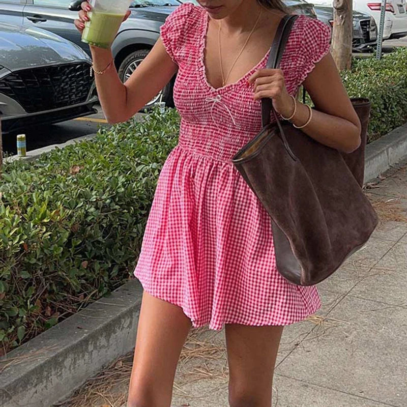 Gingham V-neck Shirred Plaid Romper