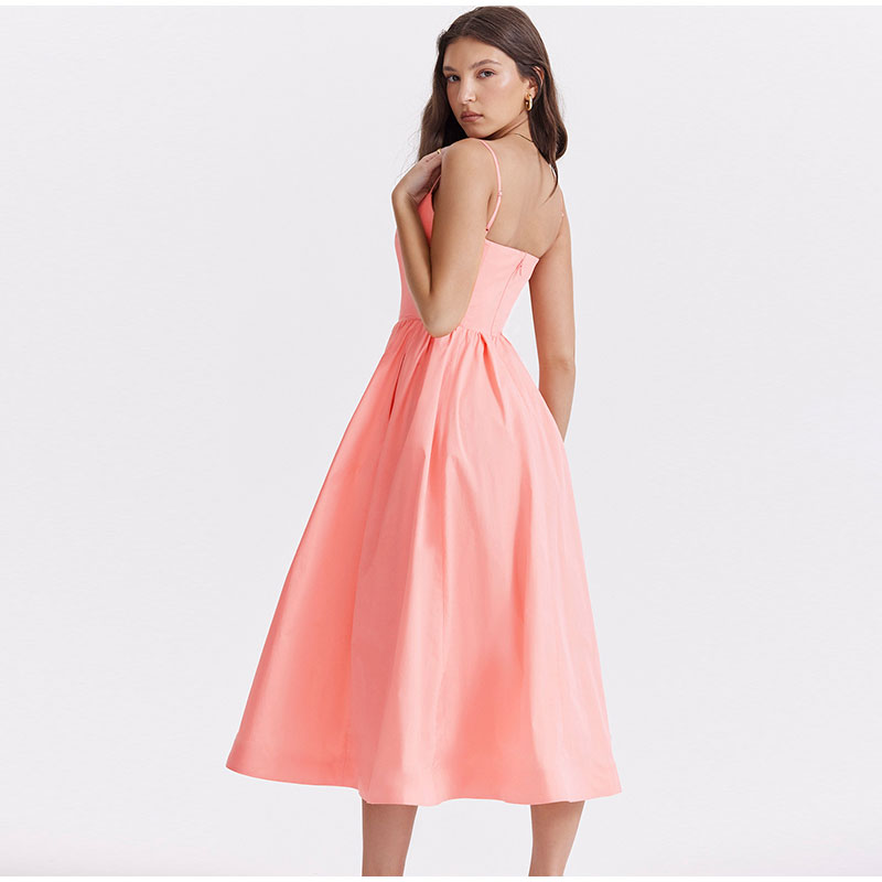 Spaghetti Strap Scoop Neck Pleated Waist Fit and Flare A-Line Midi Dress