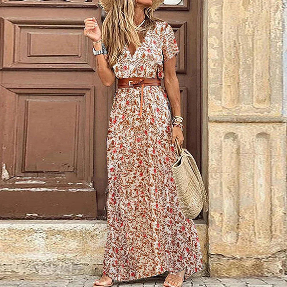 Paisley Print V-Neck Long Sleeve Flowy Maxi Dress