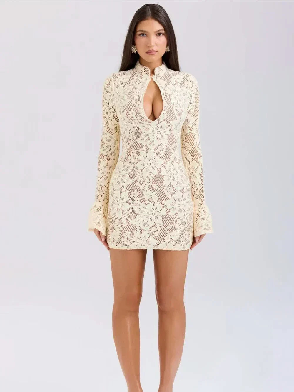 Lace Mock Neck Keyhole Cut Out Long Sleeve Bodycon Mini Dress 7