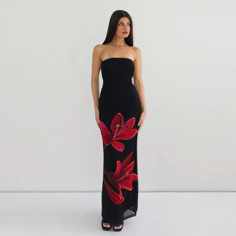 Floral Print Strapless Tube Bodycon Maxi Dress