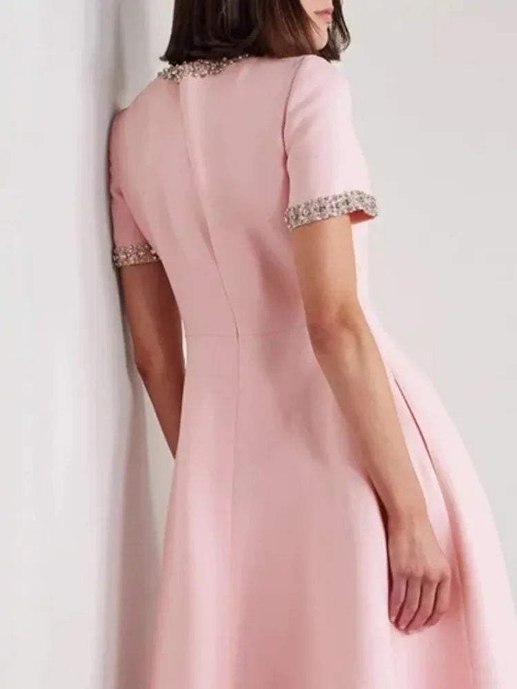 Rhinestone Trim Bow Detail Keyhole Neck Short Sleeve A-Line Midi Dress