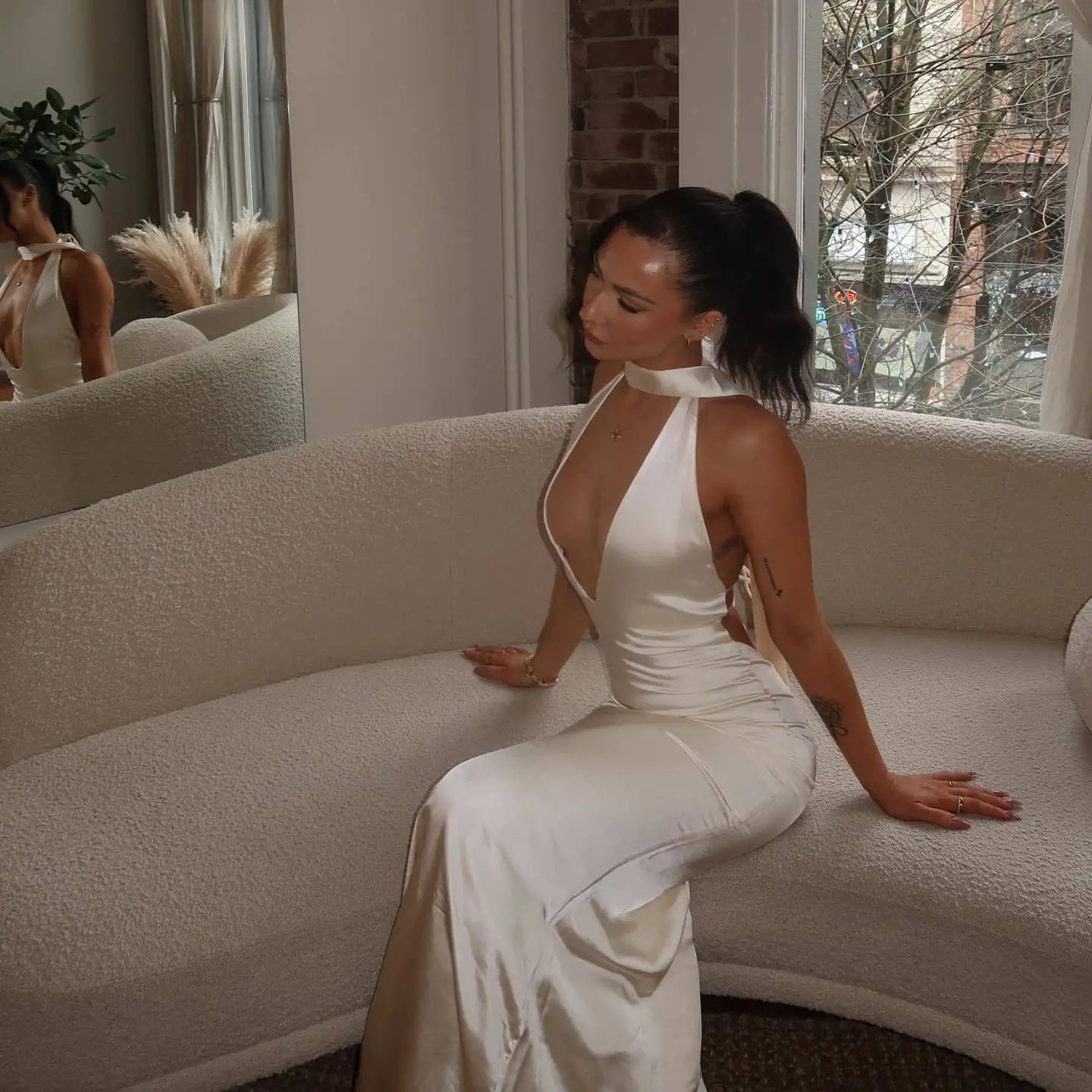 Satin Halter Neck Choker Deep V-Neck Bodycon Maxi Gown