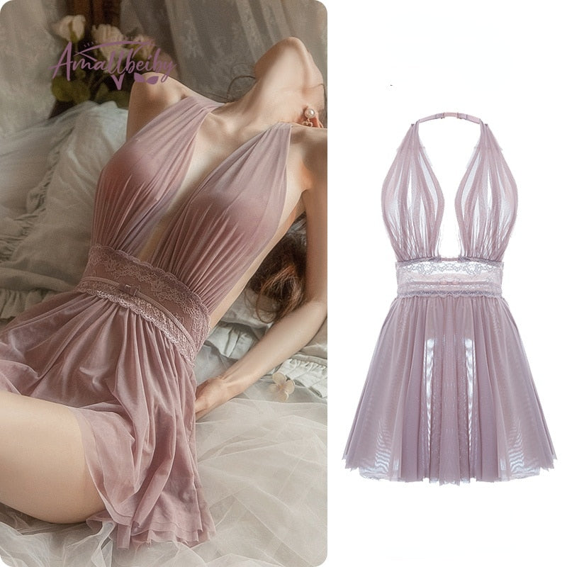 Mesh Halter Deep V-Neck Lace Trim Mini Dress 21