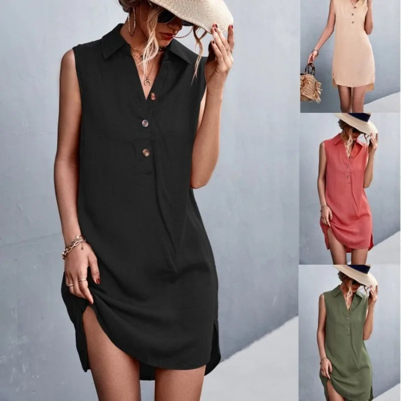 Collared Sleeveless Button Front Side Split Shirt Dress