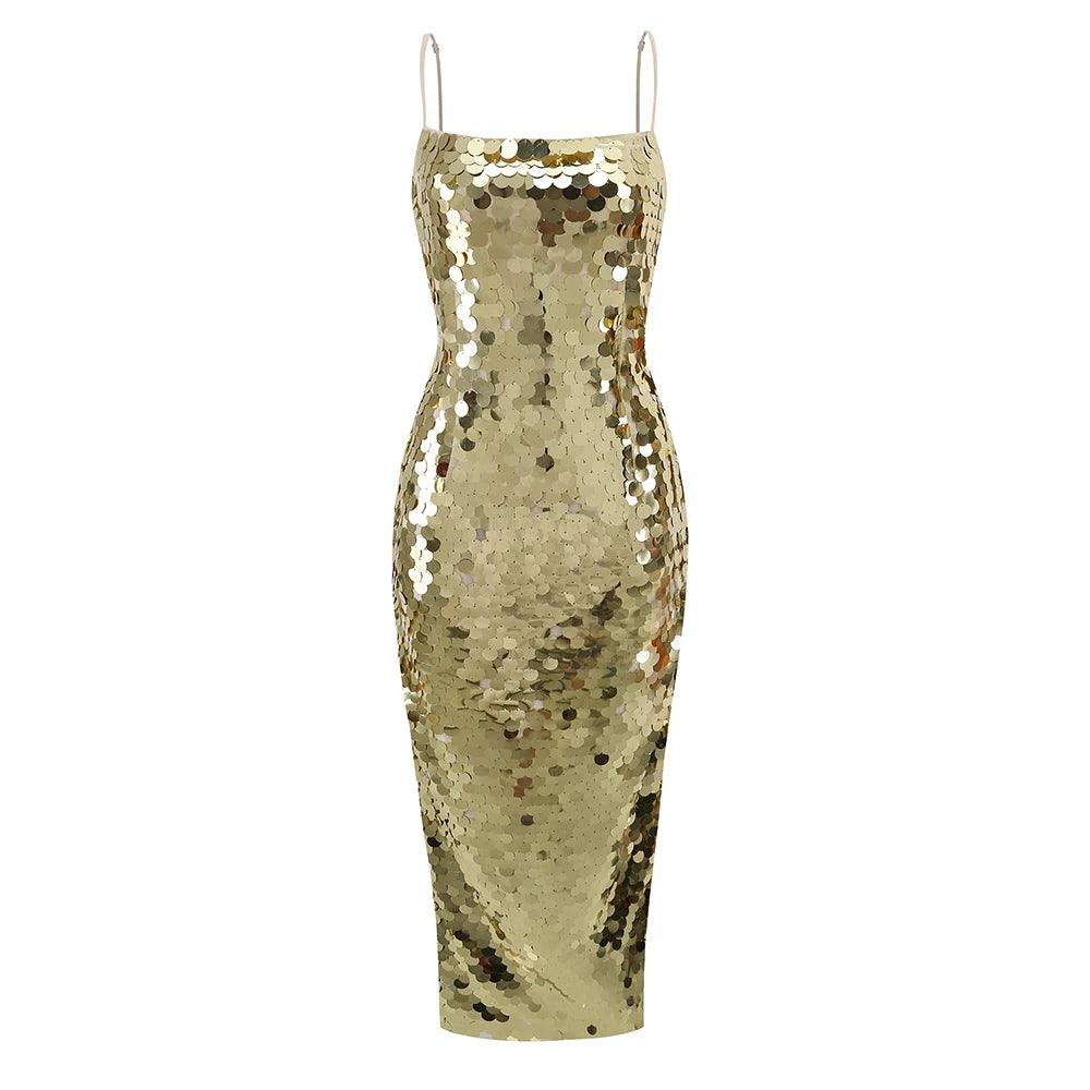 Sequin Spaghetti Strap Asymmetric Fringe Hem Bodycon Midi Dress