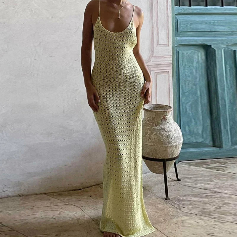 Crochet Knit Spaghetti Strap Scoop Neck Bodycon Maxi Dress