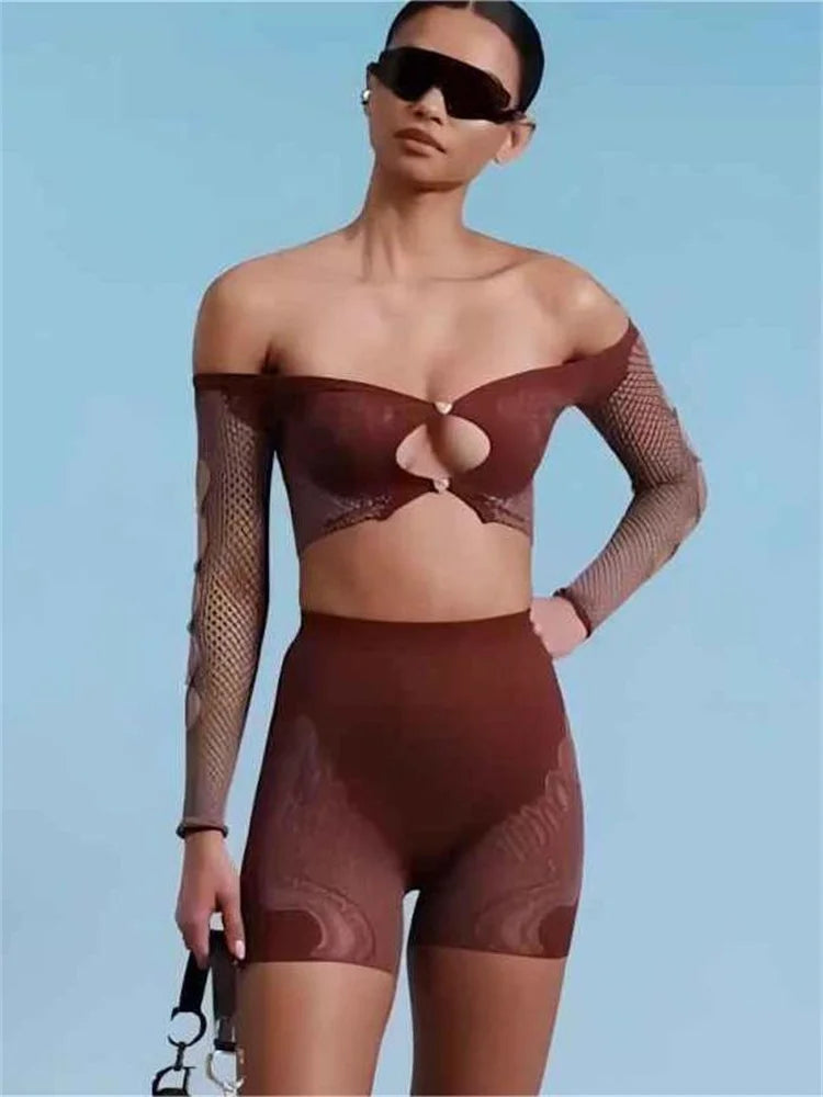 Diamond Off Shoulder Hollow Long Sleeve Top Two Piece Shorts Set