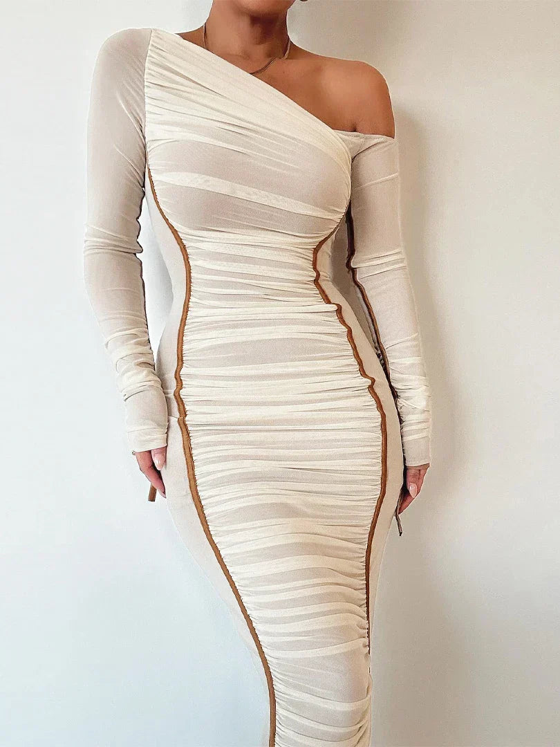 Diagonal Collar Draped Mesh Maxi Dress 6