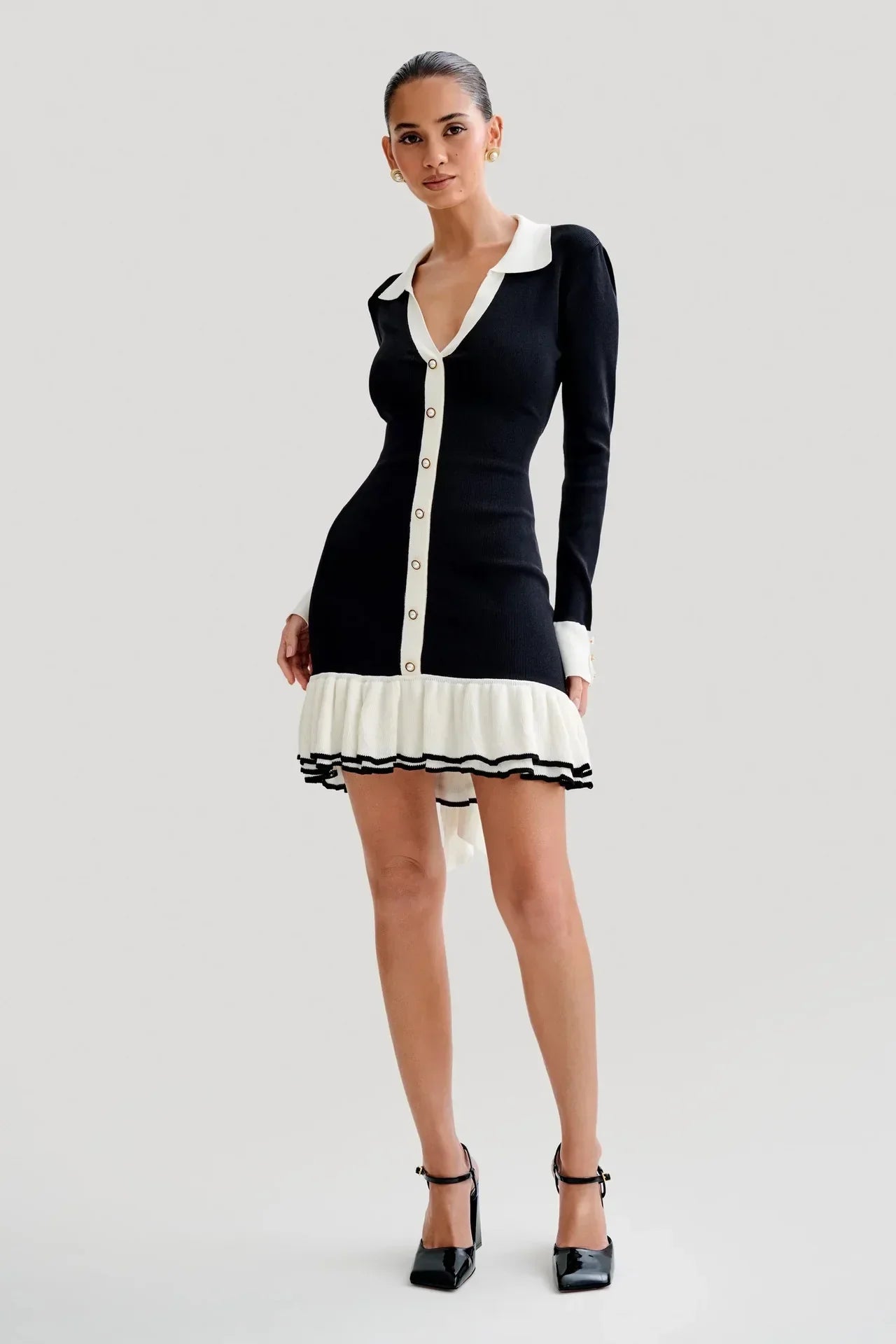 Ruffled Contrast Bow Open Back Lace - Up Knit Mini Dress