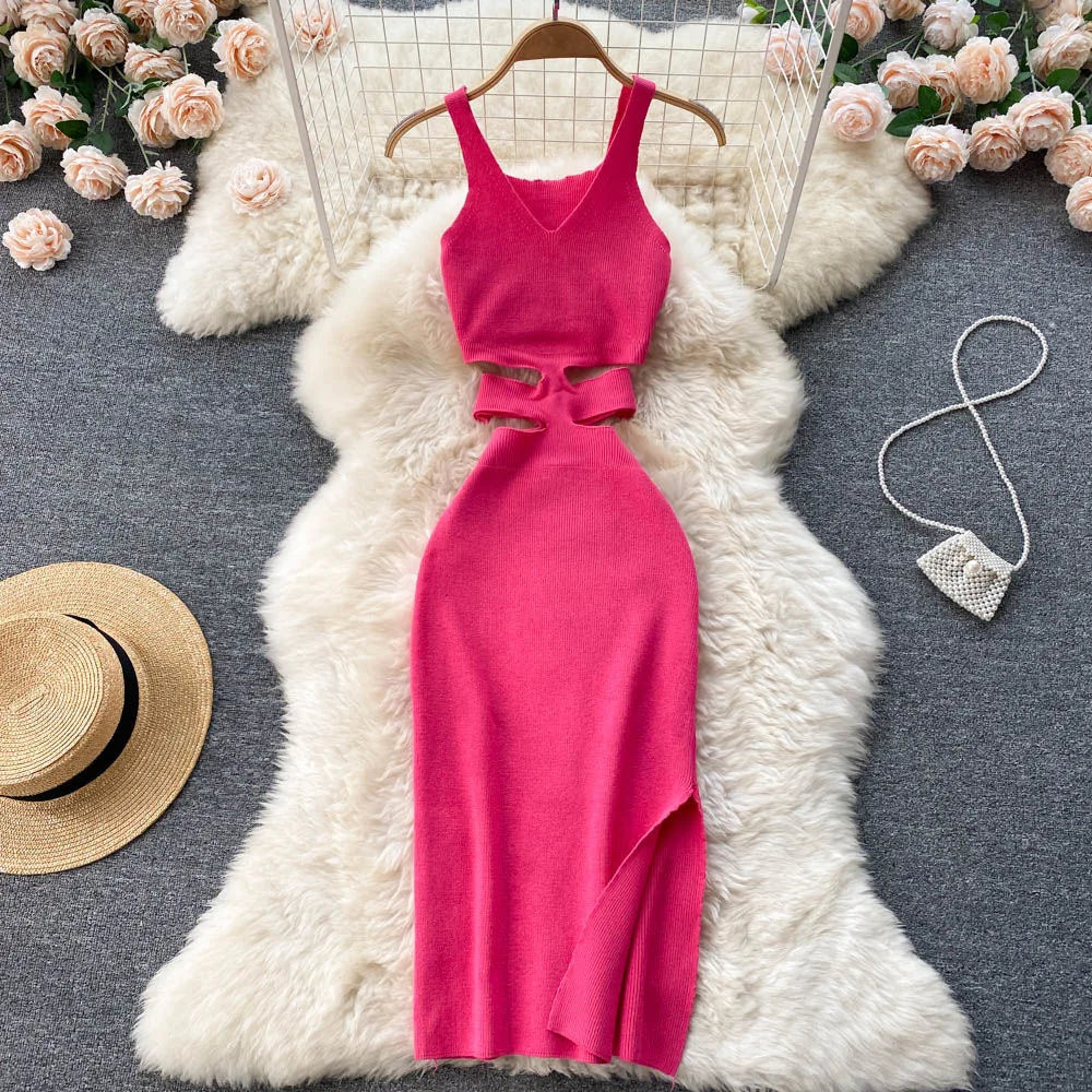 Rib Knit Deep V-Neck Waist Cut Out Side Slit Bodycon Midi Dress