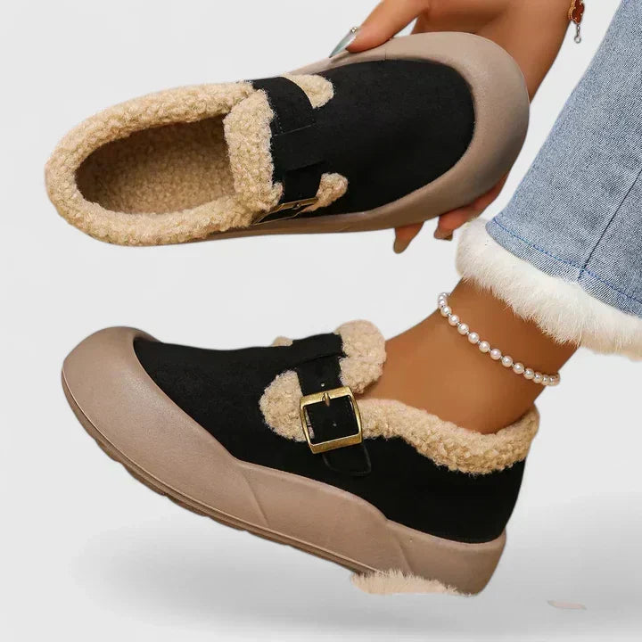 Faux Shearling Trim Buckle Strap Slip On Platform Clogs