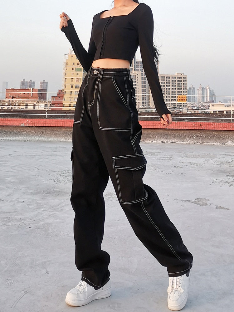 KittenAlarm - Womens Fashion Trends Pockets Patchwork Baggy Jeans Fashion Streetwear 100% Cotton Women Denim Trouser Loose Cargo Pants Korean Jeans Harajuku