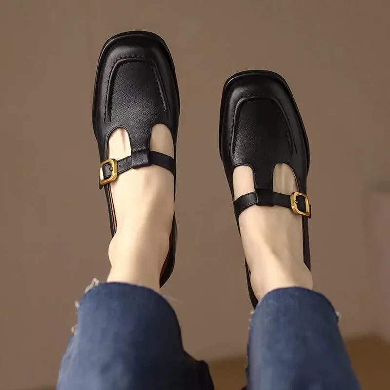 Square Toe T-Strap Buckle Mary Jane Flats