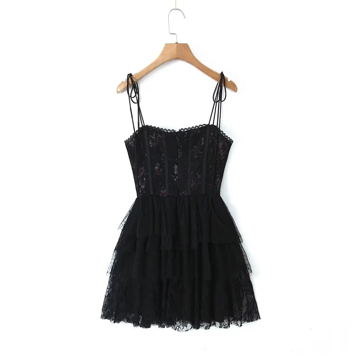 Lace Sweetheart Neck Tie Strap Corset Tiered Ruffle Mini Dress 5
