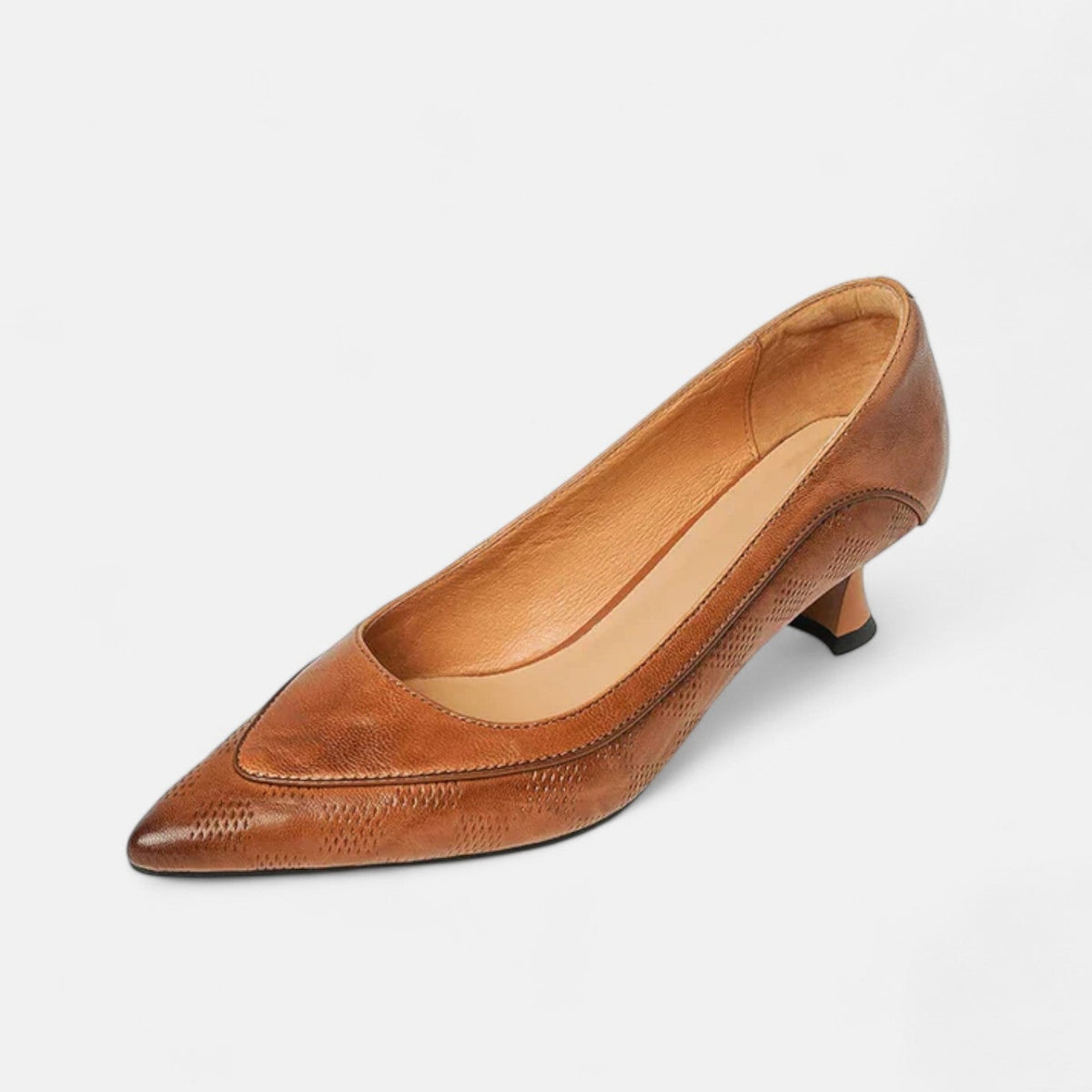 Pointed Toe Snake Embossed Trim Kitten Heel Pumps