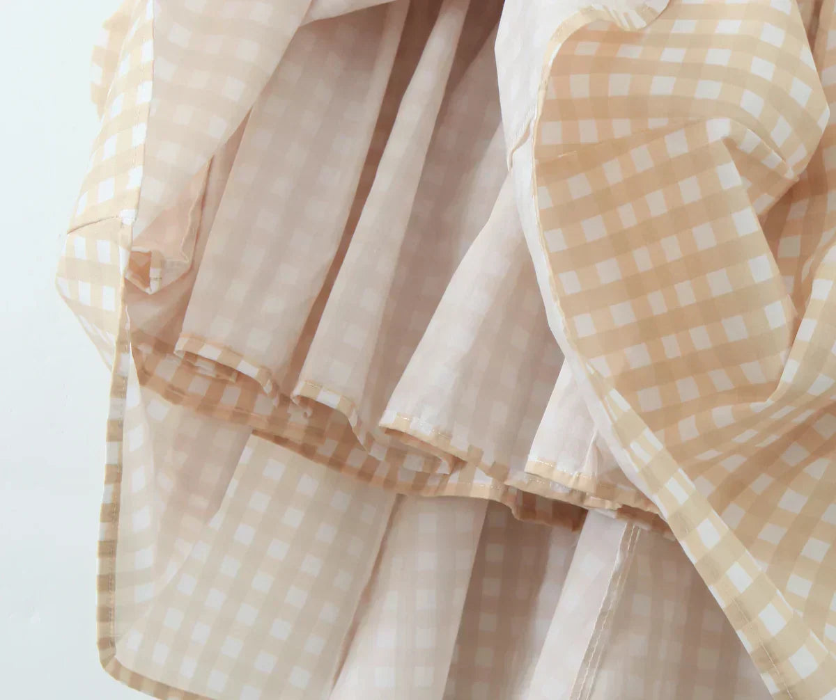 Gingham Print Square Neck Corset Paneled Pleated Fit and Flare Mini Dress