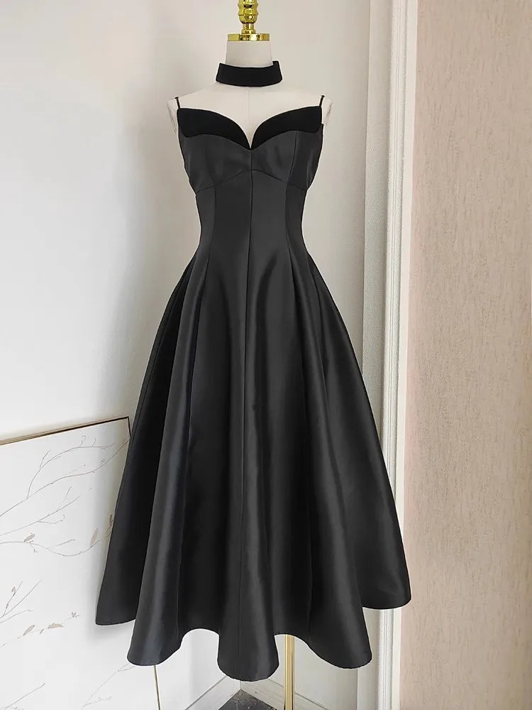 Satin Sweetheart Spaghetti Strap Fit and Flare Midi Dress
