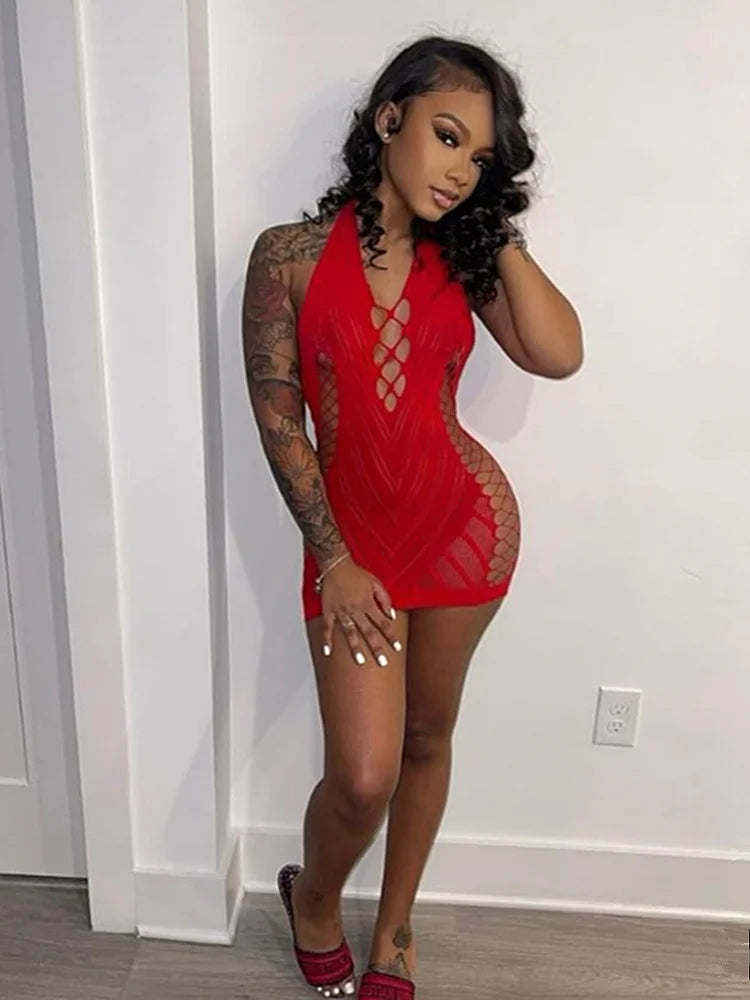 Mesh Halter Neck Lace Up Bodycon Mini Dress