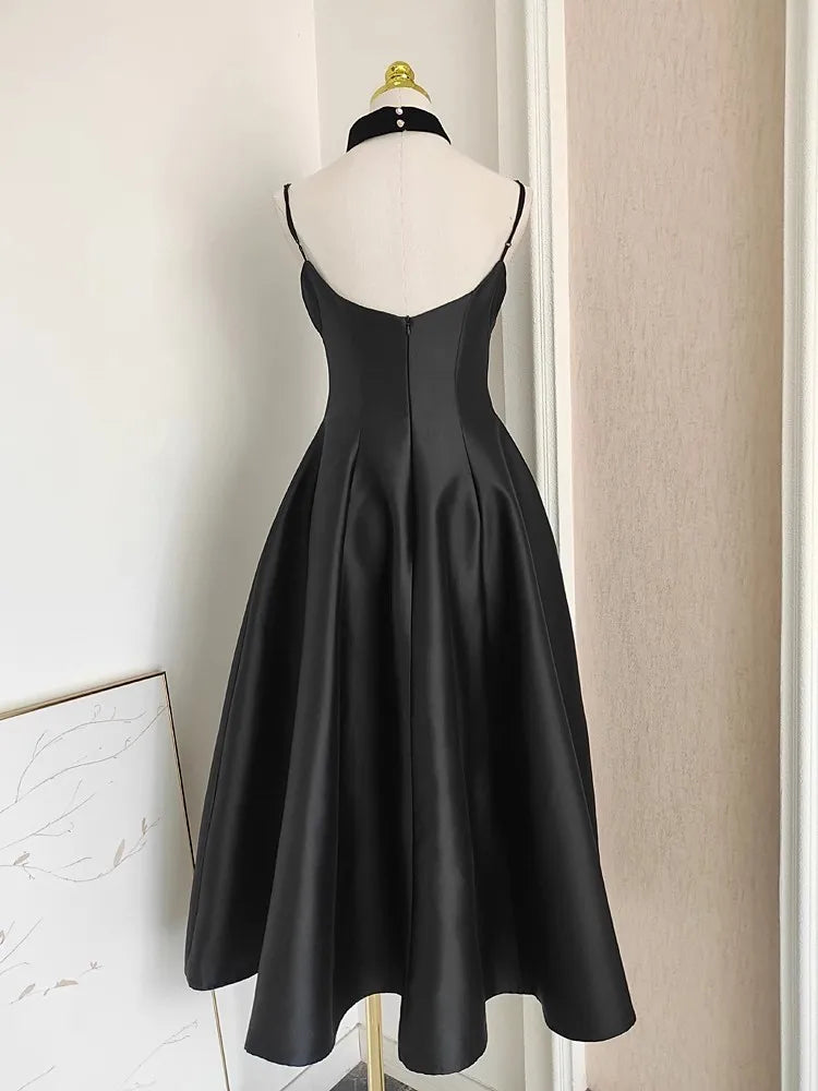 Satin Sweetheart Spaghetti Strap Fit and Flare Midi Dress