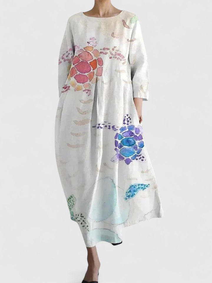 Floral Round Neck Pleated Pocket Maxi Dress