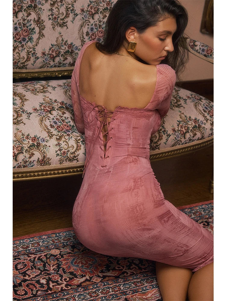 Print Bodycon Lace Side Backless Summer Dress - View 3