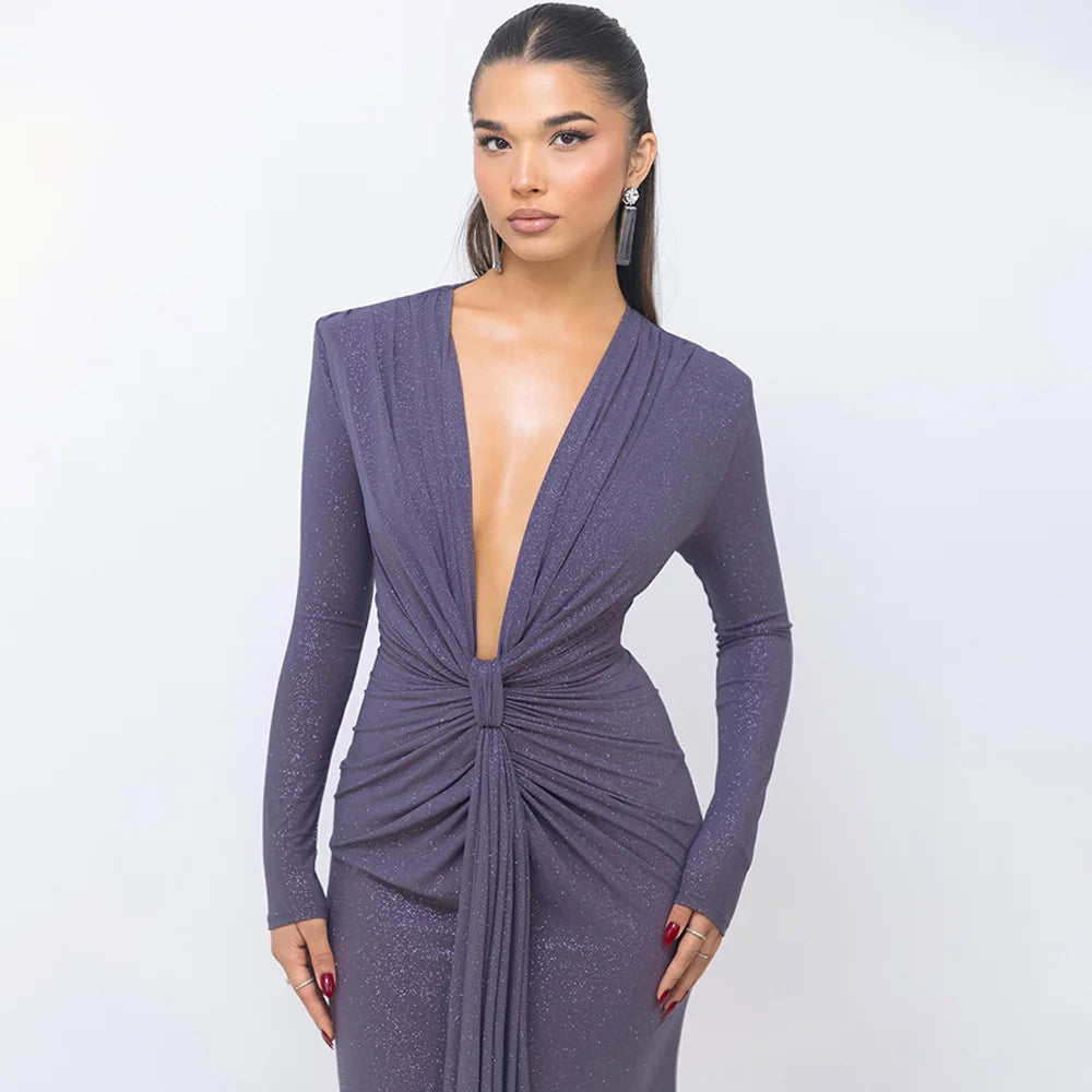 Elastic Deep V - Fold Lace Maxi Dress - View 8