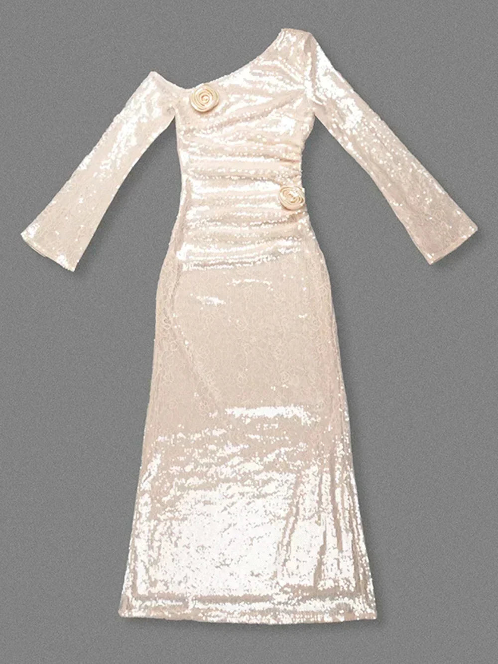 Sequin One Shoulder Long Sleeve 3D Floral Bodycon Maxi Dress