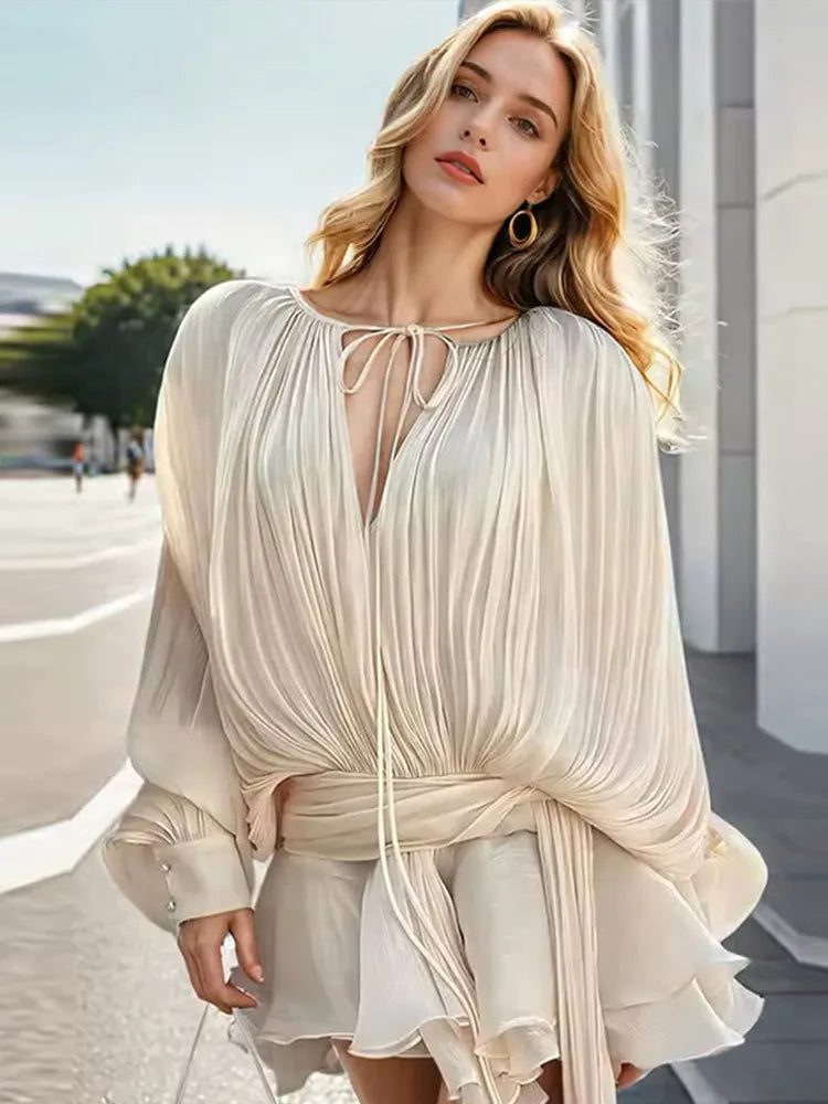 Pleated Chiffon Tie Neck Lantern Sleeve Sash Waist Ruffle Mini Dress 2