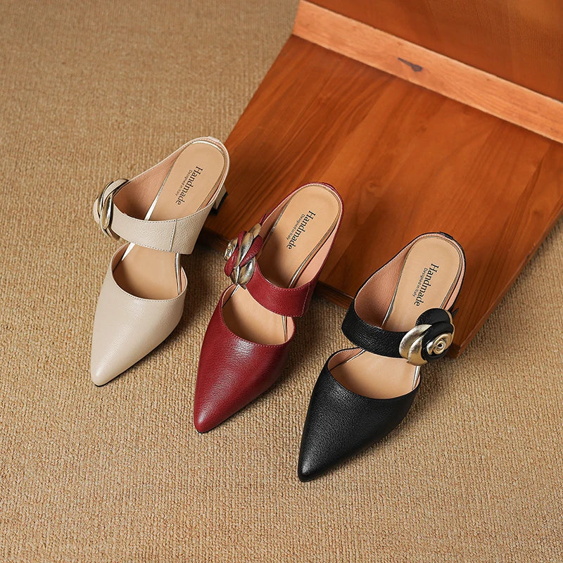 Pointed Toe Floral Buckle Spool Heel Mules