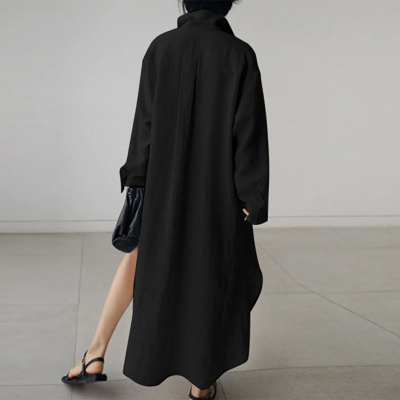 Collared Button Front Patch Pocket High Split Shirt Maxi Dress