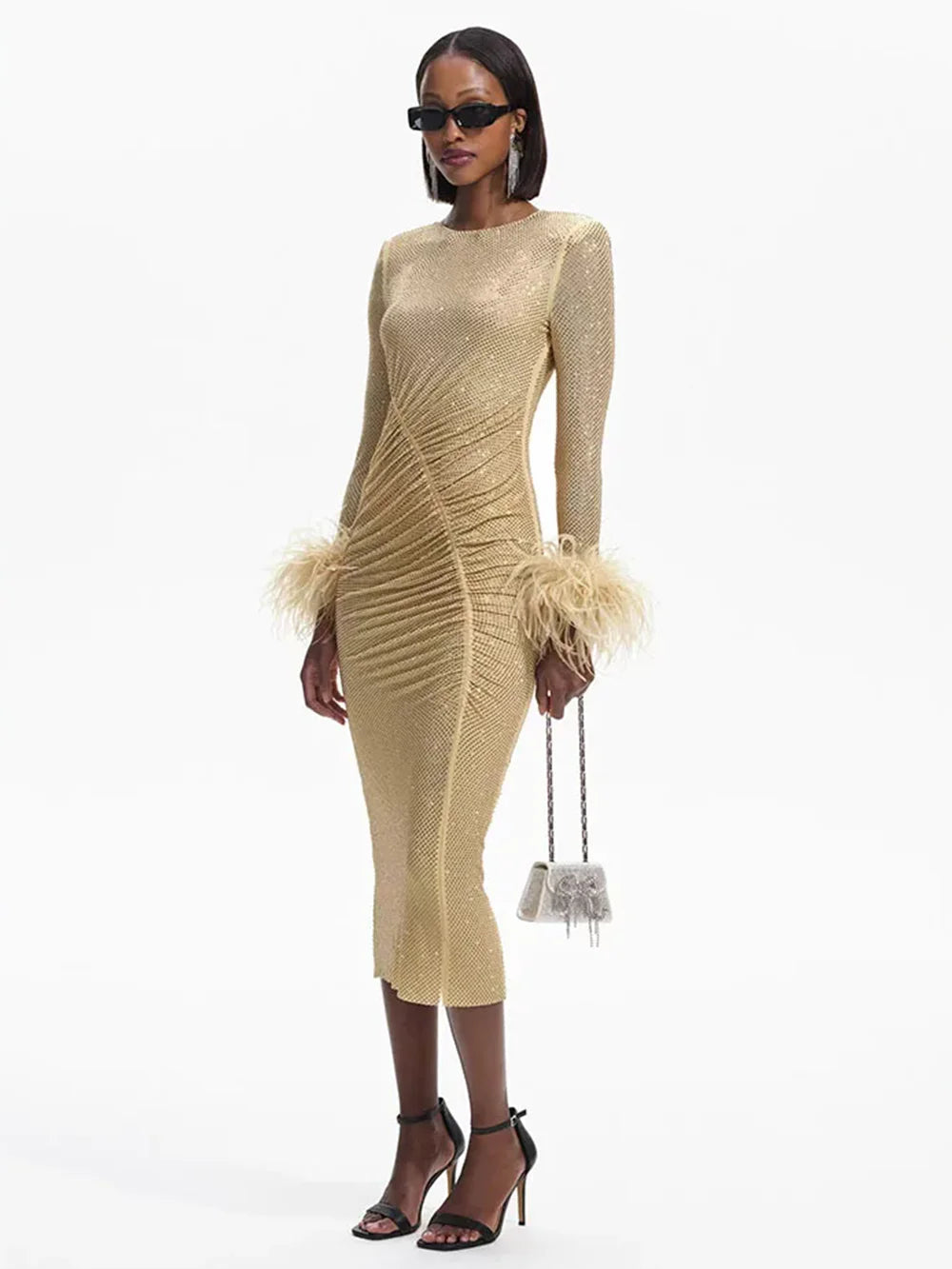 Crew Neck Long Sleeve Feather Cuff Rhinestone Mesh Ruched Midi Dress 2