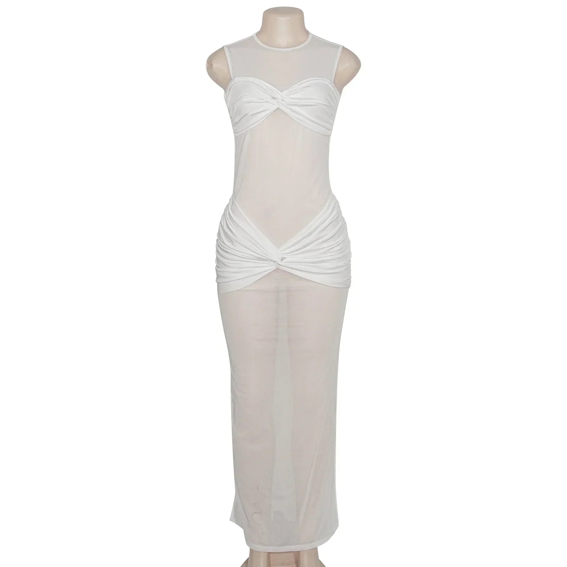 Mesh Mock Neck Sleeveless Knotted Bandeau Ruched Waist Maxi Dress