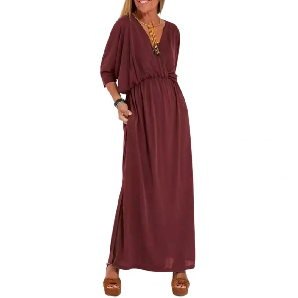 V-Neck Batwing Sleeve Elastic Waist Pocket Maxi Dress