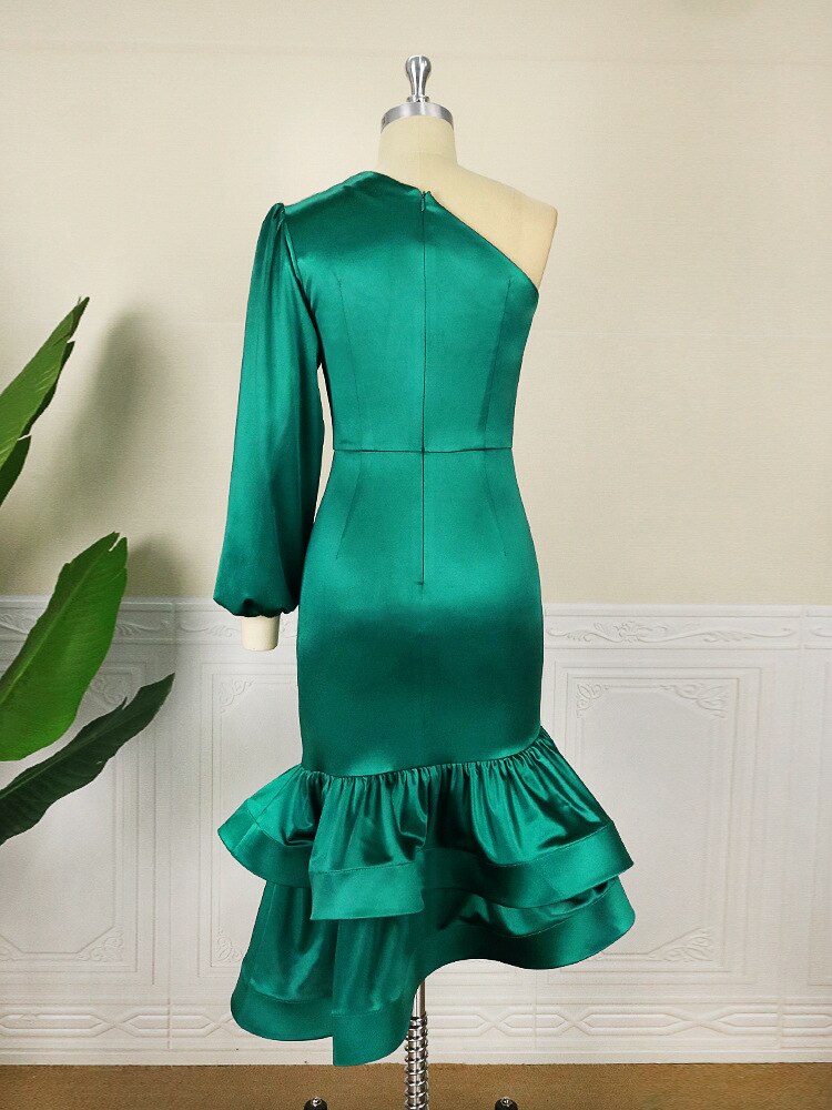 Satin One Shoulder Long Sleeve Ruched Tiered Ruffle Midi Dress