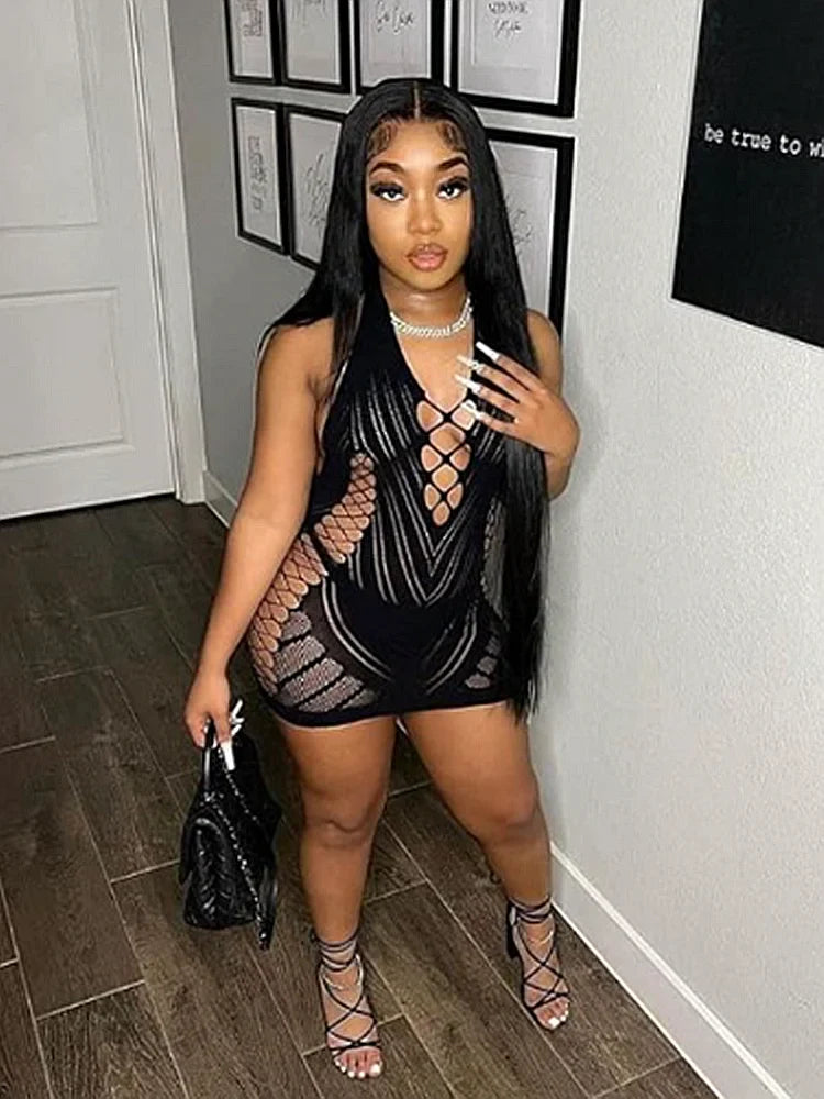 Mesh Halter Neck Lace Up Bodycon Mini Dress