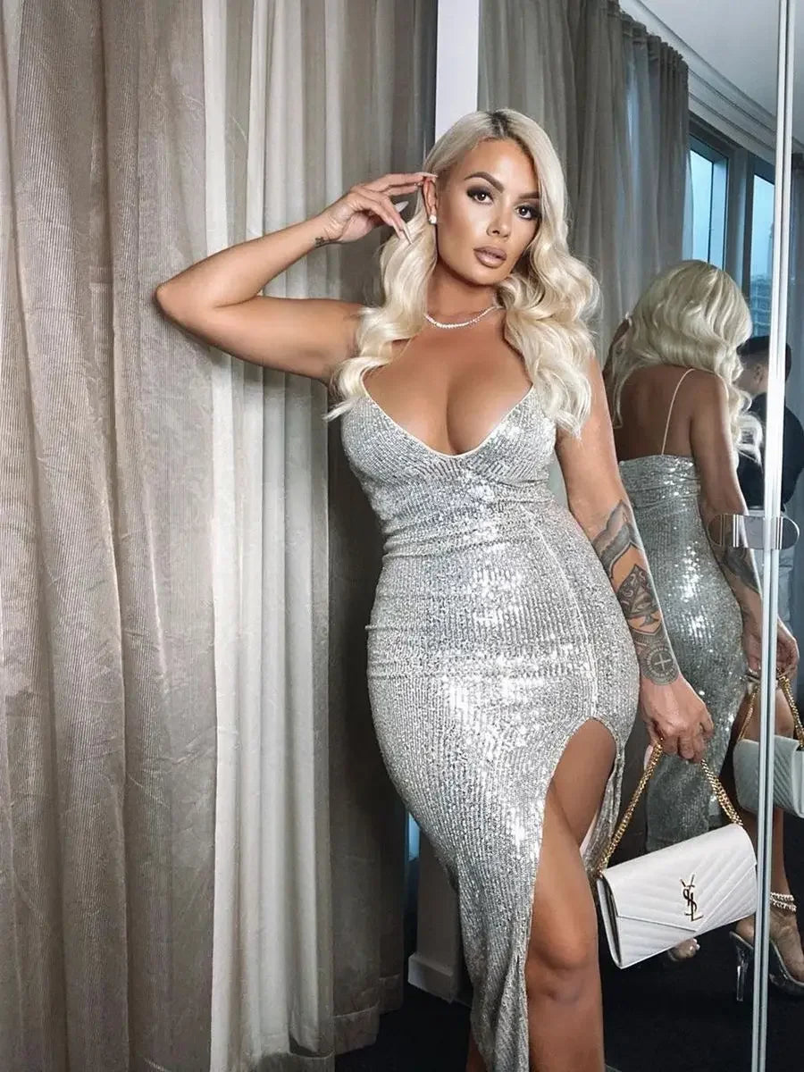 Sequin Deep V-Neck Spaghetti Strap High Split Bodycon Midi Dress