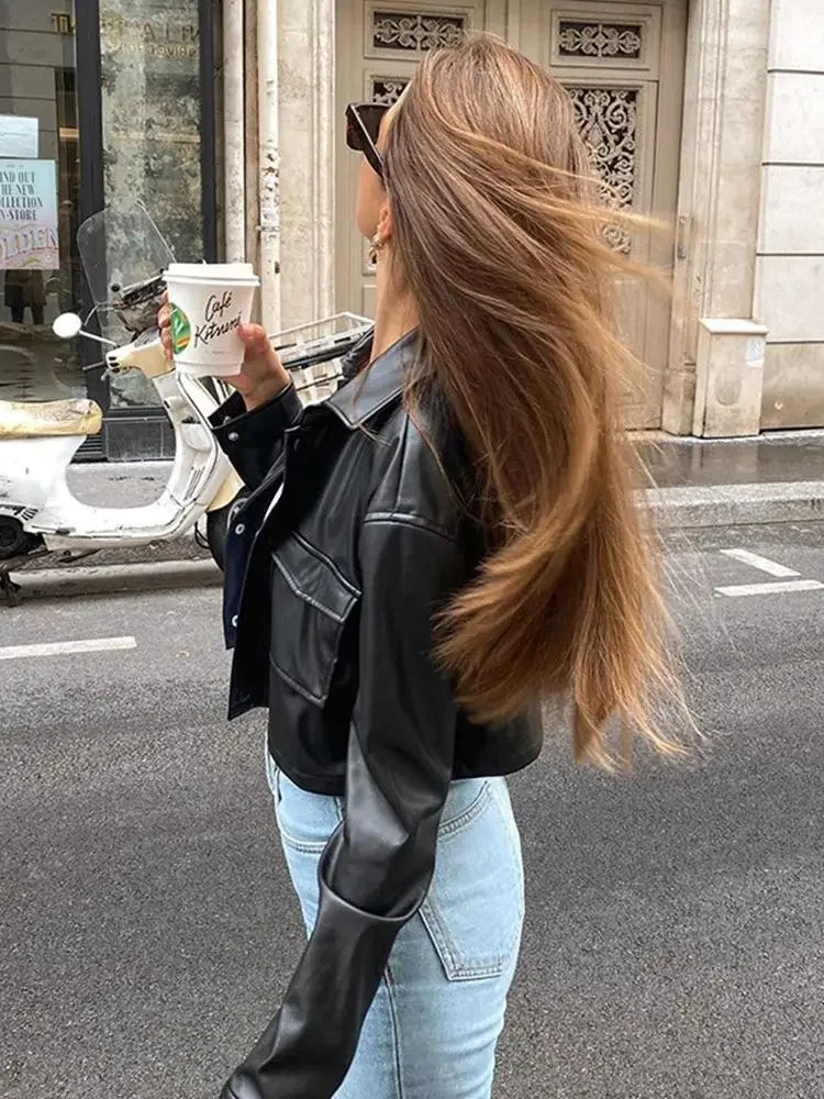 Cropped Lapel PU Leather Jacket