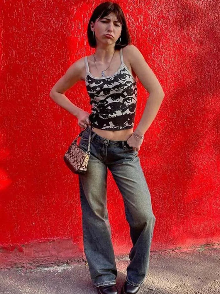 Gothic Portrait Print Y2K Crop Cami Top Aesthetic Tee