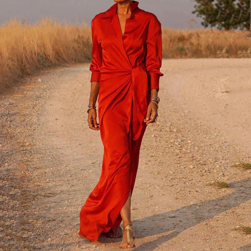 Satin Shirt Collar Deep V-Neck Long Sleeve Knotted Wrap Maxi Dress